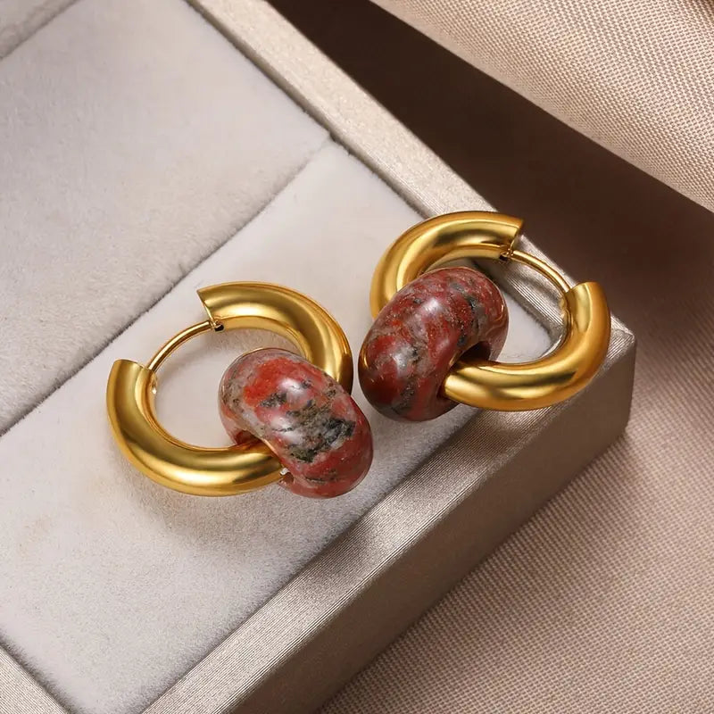 Red Jasper Gold Hoops